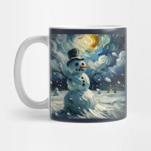 Snowman in a Starry Night Vista - Van Gogh-Inspired Winter Art Mug